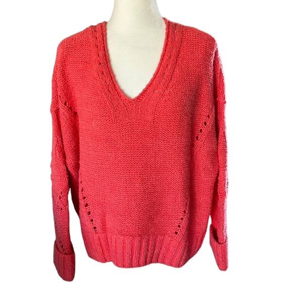 Anthropologie Pilcro coral oversized v neck knitted sweater soft cosy vacation M - Picture 1 of 6